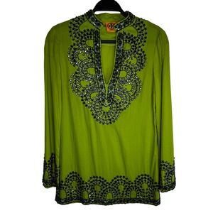 Tory Burch Indian Inspired Green Tunic Top Beaded Embellished Long Sleeve Size 2